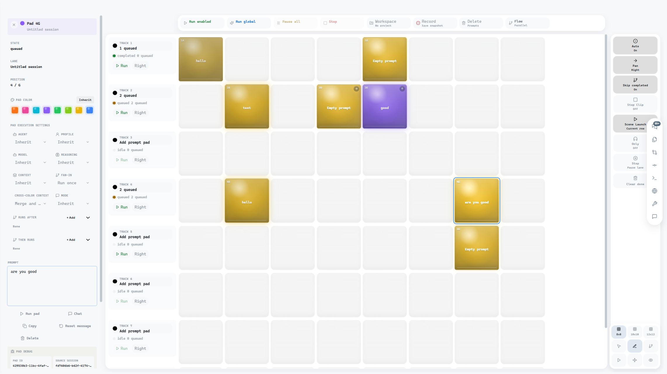 allthecodes Launch Pad interface with session lanes and prompt pad matrix